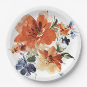 オレンジと青の水色フローラ ペーパープレート (正面)