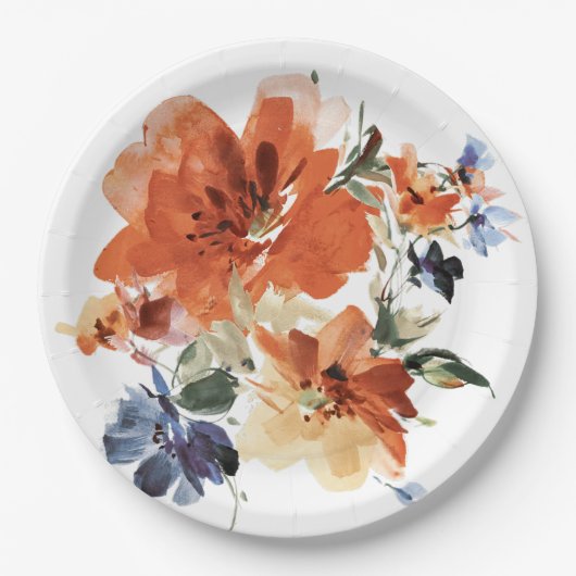 オレンジと青の水色フローラ ペーパープレート (正面)