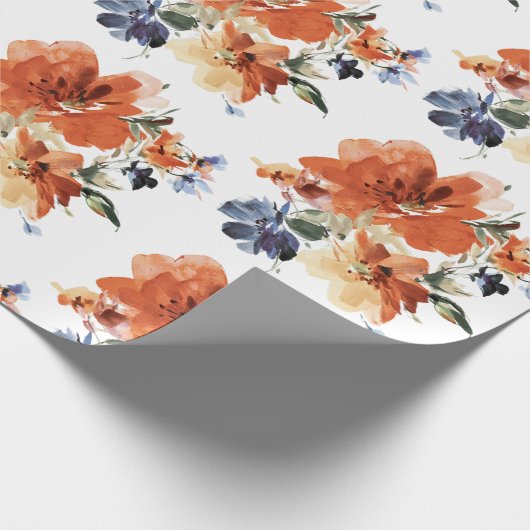 オレンジと青の水色フローラ ラッピングペーパー (角)