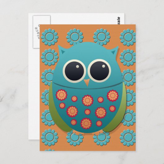 オレンジと青の花が咲く、かわいい青と青のフクロウ ポストカード (正面/裏面)