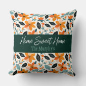 オレンジと青の葉と花パーソナライズされた クッション (正面)