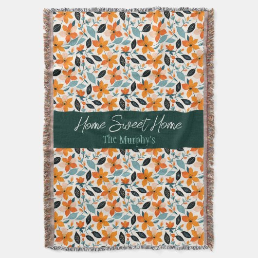 オレンジと青の葉と花パーソナライズされた スローブランケット (正面縦)