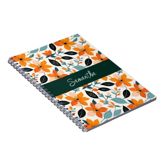 オレンジと青の葉と花パーソナライズされた ノートブック (右側)