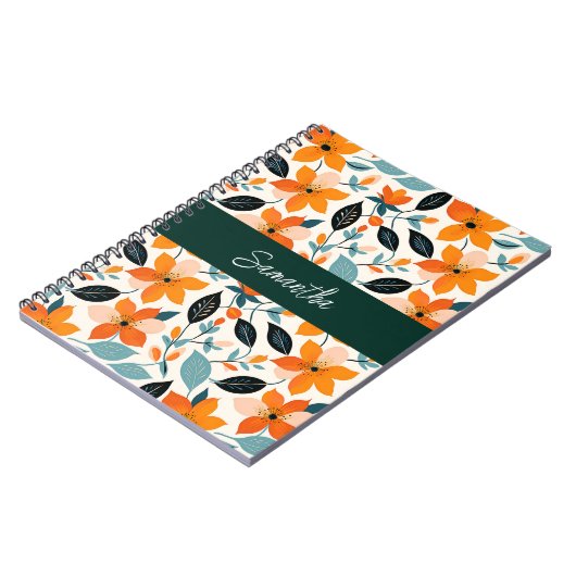 オレンジと青の葉と花パーソナライズされた ノートブック (左側)