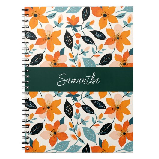 オレンジと青の葉と花パーソナライズされた ノートブック (正面)