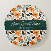 オレンジと青の葉と花パーソナライズされた ラウンドクッション (正面)