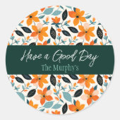 オレンジと青の葉と花パーソナライズされた ラウンドシール (正面)