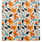 オレンジと青の葉と花 シャワーカーテン (正面)