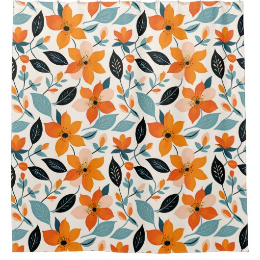 オレンジと青の葉と花 シャワーカーテン (正面)