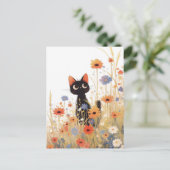 オレンジと青の野花の草原の黒猫 ポストカード (スタンド正面)