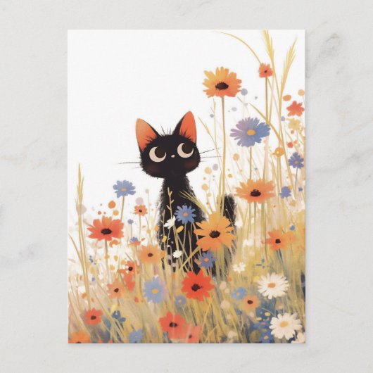 オレンジと青の野花の草原の黒猫 ポストカード (正面)