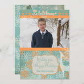 オレンジと青の雪片フォトホリデーカード シーズンカード (正面/裏面)