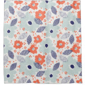 オレンジと青モダンの花模様 シャワーカーテン (正面)