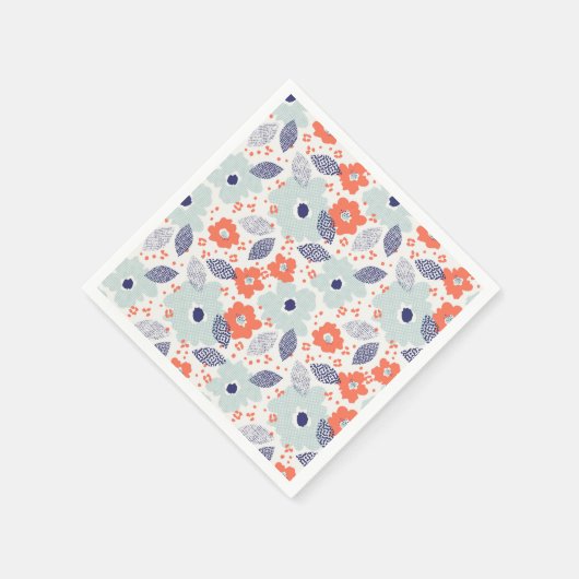 オレンジと青モダンの花模様 スタンダードカクテルナプキン (角)