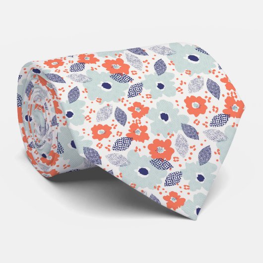 オレンジと青モダンの花模様 ネクタイ (ロール)