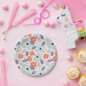 オレンジと青モダンの花模様 ペーパープレート (パーティー)