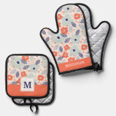 オレンジと青モダンの花模様 鍋つかみ&鍋敷きセット (正面/裏面)