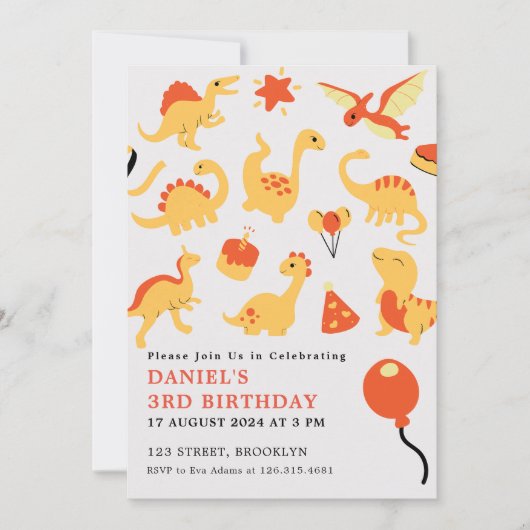 オレンジと黄色のイラストレーション子供の誕生日パーティー 招待状 (正面)