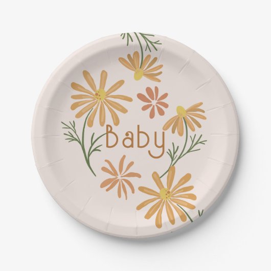 オレンジと黄色のデイジー赤ちゃんシャワー ペーパープレート (正面)