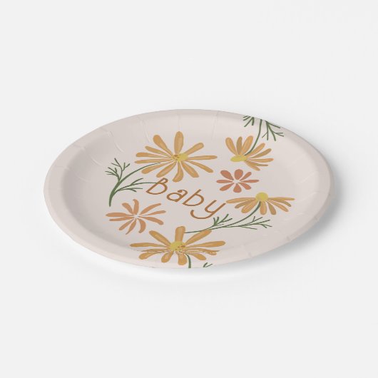 オレンジと黄色のデイジー赤ちゃんシャワー ペーパープレート (アングル)