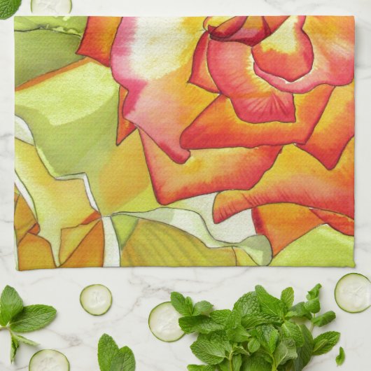 オレンジと黄色のバラの水彩画 キッチンタオル (折り畳み)