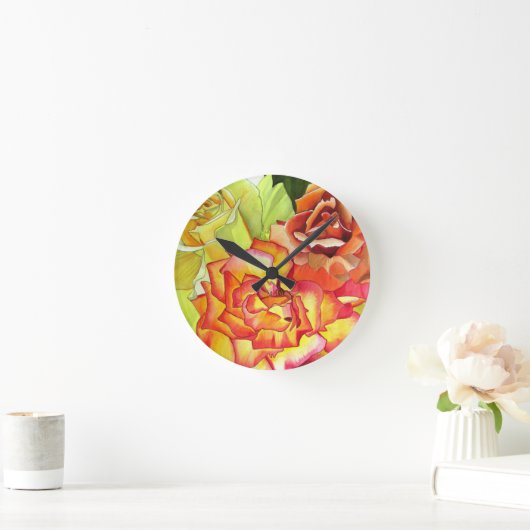 オレンジと黄色のバラの水彩画 ラウンド壁時計 (ホーム)