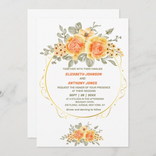 オレンジと黄色のフローラの上品な夏結婚の夏 招待状 (正面/裏面)