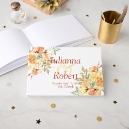 オレンジと黄色の水彩花のウェディングゲストのデザインをカスタマイズ ゲストブック