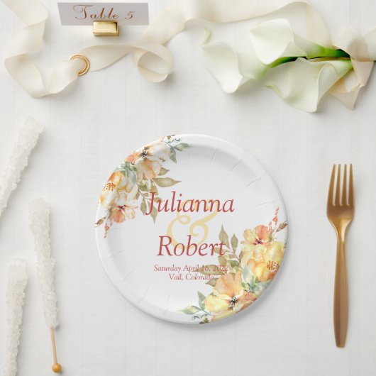 オレンジと黄色の水色のフローラ結婚の紙 ペーパープレート (ウェディング)