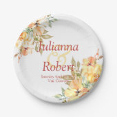 オレンジと黄色の水色のフローラ結婚の紙 ペーパープレート (正面)