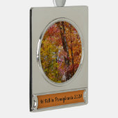 オレンジと黄色の秋ツリー秋の写真 シルバープレートバナーオーナメント (右)