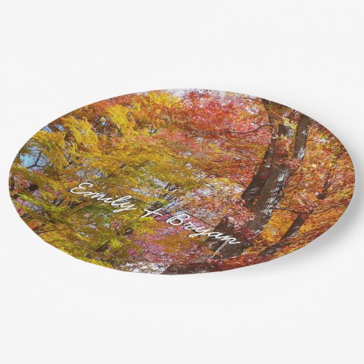 オレンジと黄色の秋ツリー秋の写真 ペーパープレート (アングル)
