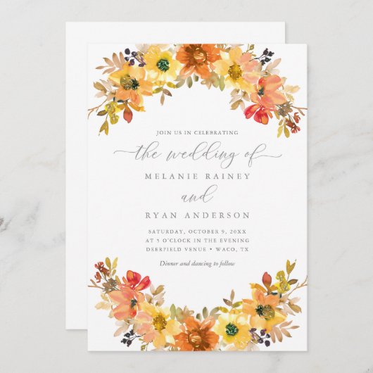 オレンジと黄色の秋フローラ緑結婚色 招待状 (正面/裏面)