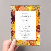 オレンジと黄色の秋結婚フローラの–3金ゴールド アクリル招待状 (インサイチュ (ポータブル))