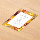 オレンジと黄色の秋結婚フローラの–3金ゴールド アクリル招待状 (レイダウン)