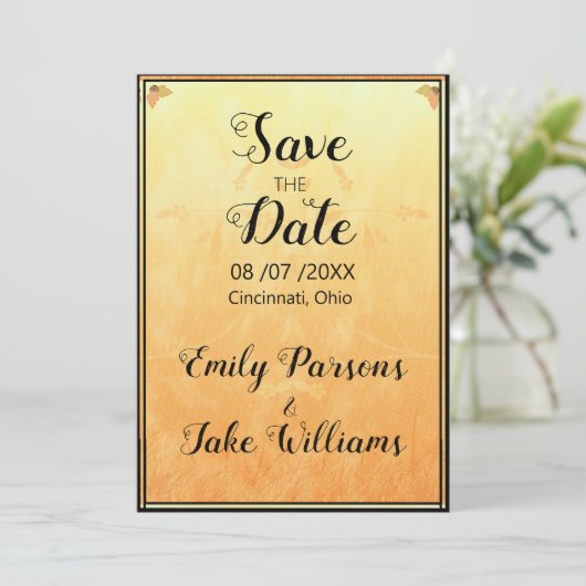 オレンジと黄色の背景の黒いフレーム セーブザデート (スタンド正面)