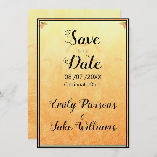 オレンジと黄色の背景の黒いフレーム セーブザデート (正面/裏面)