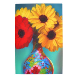 オレンジと黄色の花が咲く花瓶 メタルプリント