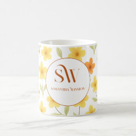 オレンジと黄色の花でパーソナライズされたマグカップ コーヒーマグカップ