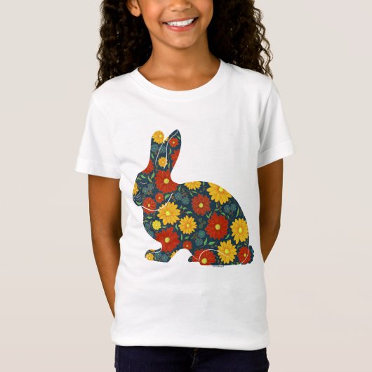 オレンジと黄色の花のレトロなうさぎ Tシャツ (正面)