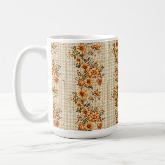 オレンジと黄色の花を持つベージュの秋 コーヒーマグカップ (左)