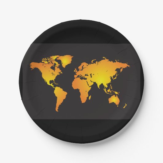 オレンジと黄色の輝く世界地図 ペーパープレート (正面)