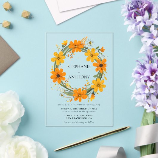 オレンジと黄色の野生の花のリース結婚ズ アクリル招待状 (インサイチュ (ウェディング))
