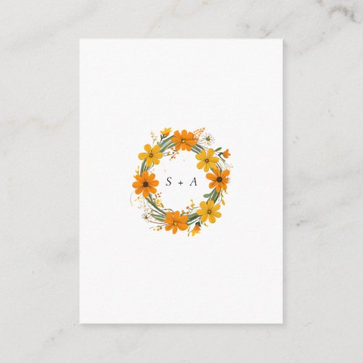 オレンジと黄色の野生の花のリース結婚ズ エンクロージャーカード (裏面)