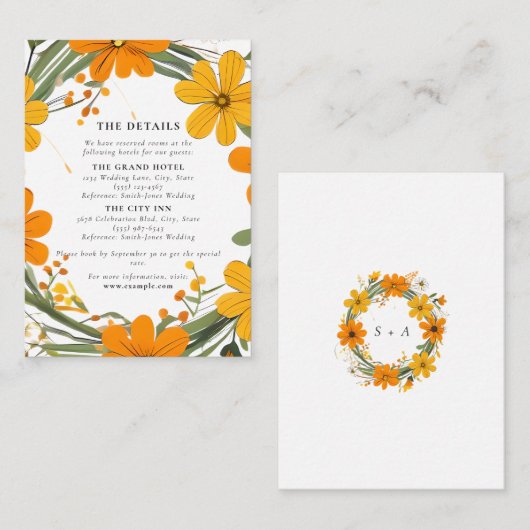 オレンジと黄色の野生の花のリース結婚ズ エンクロージャーカード (正面/裏面)