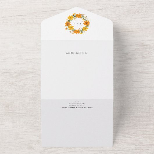 オレンジと黄色の野生の花のリース結婚ズ オールインワン招待状 (外側)