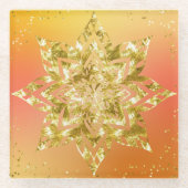 オレンジと黄色グラデーションと金ゴールド曼荼羅 ガラスコースター (正面)