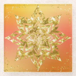 オレンジと黄色グラデーションと金ゴールド曼荼羅 ガラスコースター