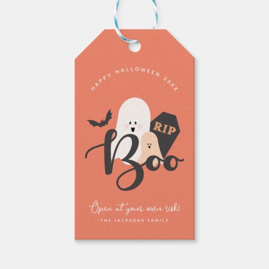 オレンジと黒かわいいハロウィーン幽霊たち ギフトタグ (正面)