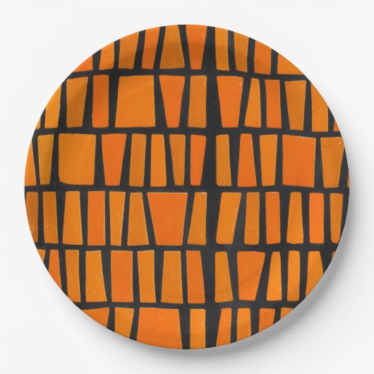 オレンジと黒のアフリカの部族パターン ペーパープレート (正面)